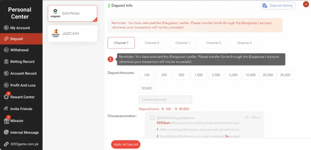 5555Bet Deposit Money